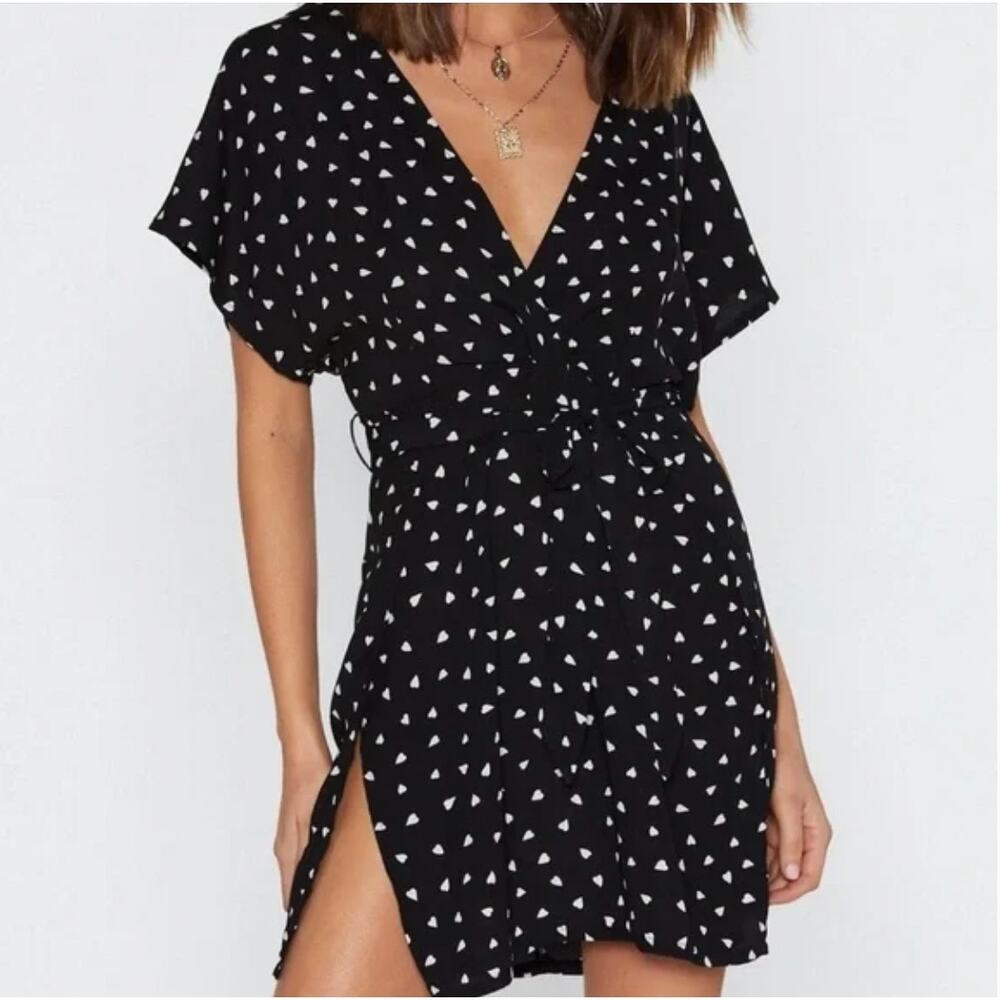 NASTY GAL Dress Satin Heart Deep V Wrap Design Side Slits Size 4